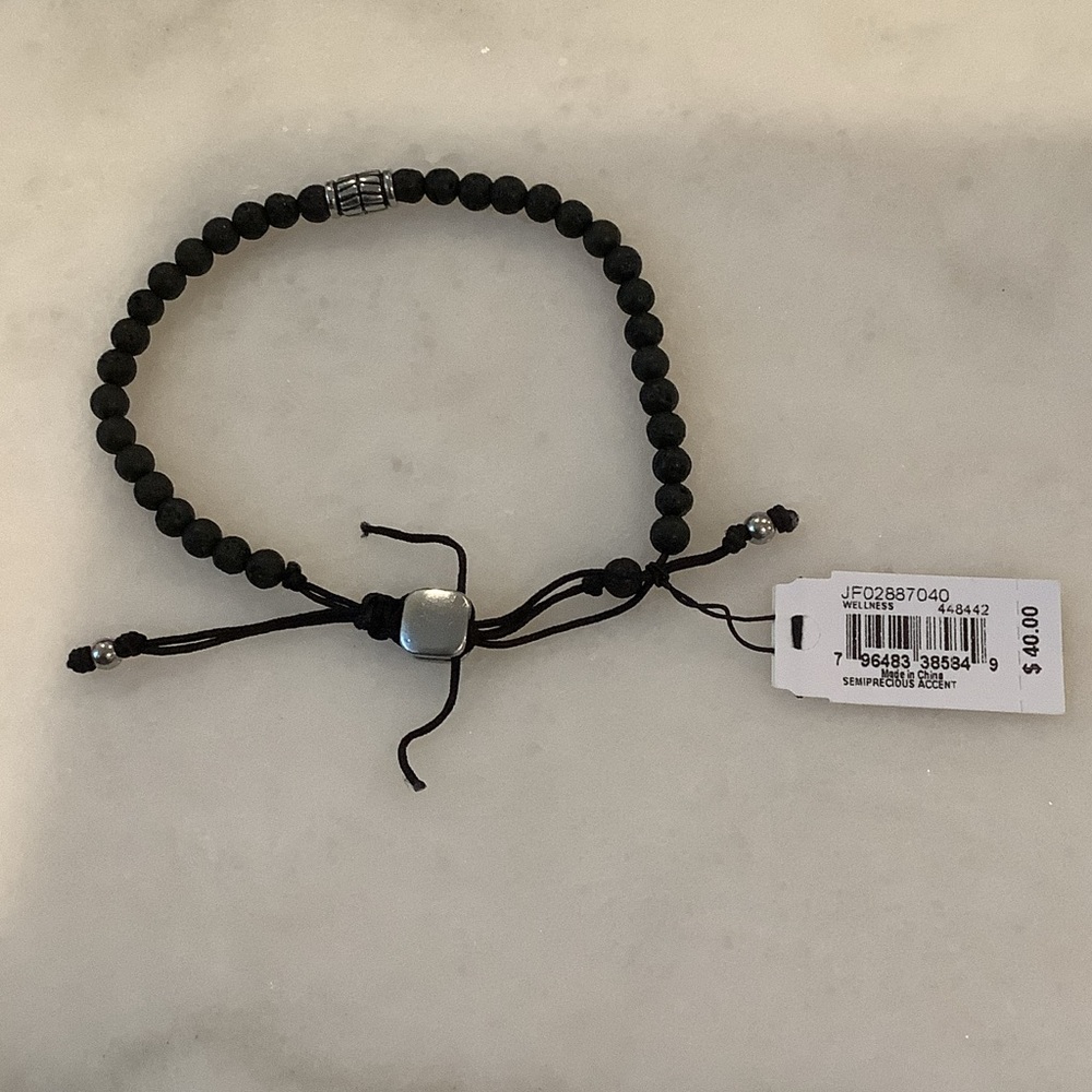 Fossil Black Lava Beaded Bracelet with Silver Bead, Brand New